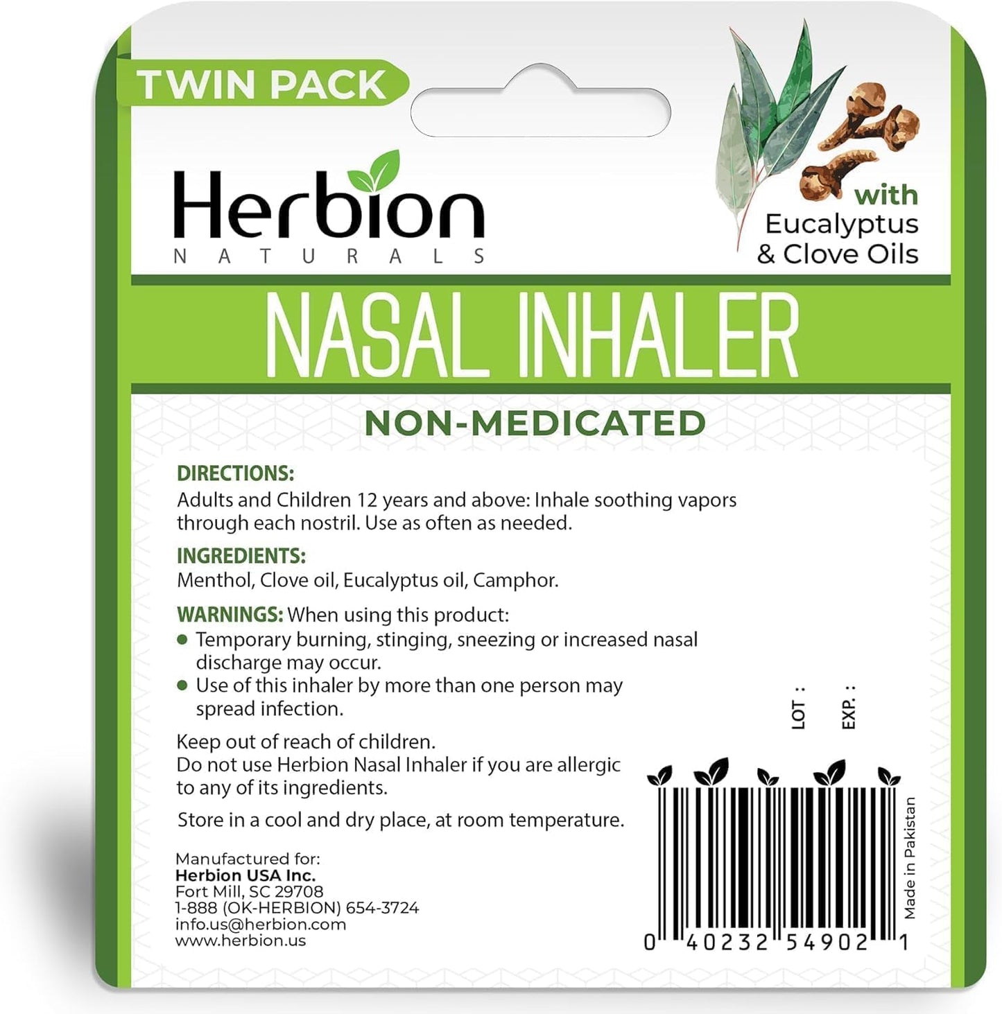 HERBION Naturals Nasal Inhaler Non-Medicated, Relieves Nasal Congestion & Blockage, Sinusitis Conditions, Menthol, Clove Oil, Eucalyptus Oil & Camphor, 0.05 Fl Oz (1.5ml)