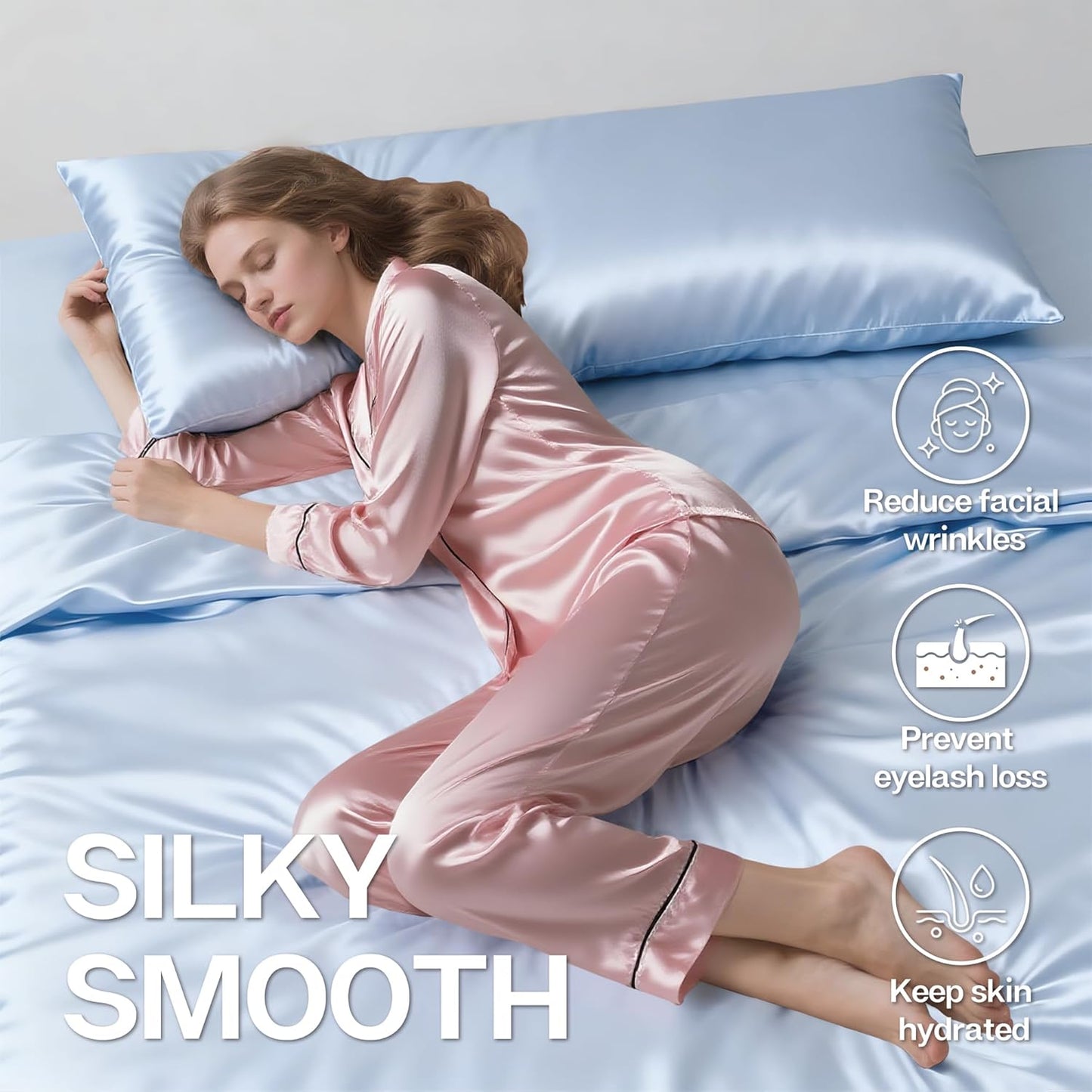 MR&HM Satin Body Pillow Cover, Soft and Breathable Body Pillow Case with Envelope Closure, Cooling and Silky Long Pillowcase for Hair and Skin,Grey (20x54, Light Blue)