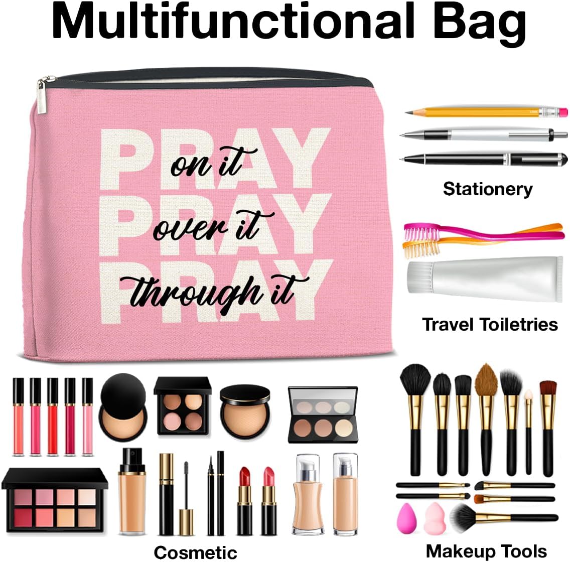 Inspirational Pray On It Pray Over It Makeup Bag Gifts for Women Christian Religious Pink Cosmetic Bag Zipper Pouch Travel