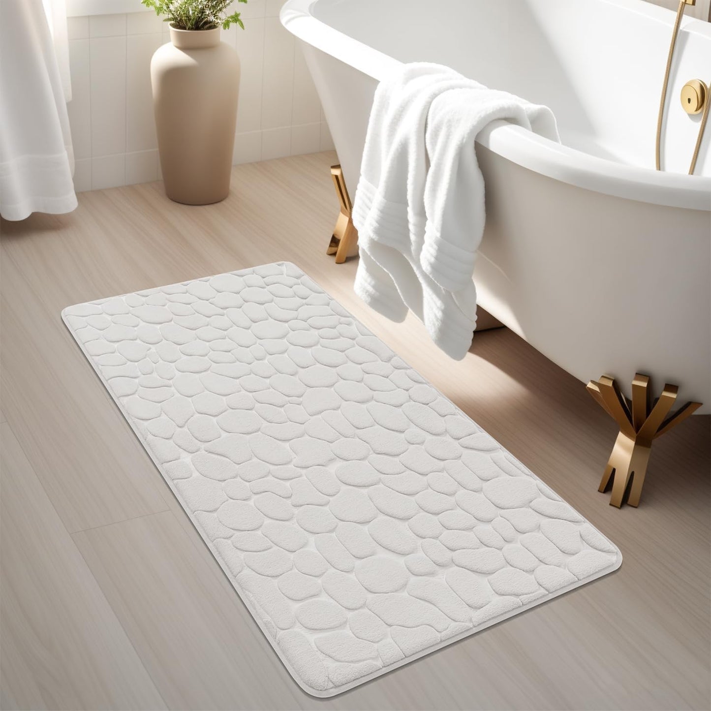 YIHOUSE Memory Foam Runner Rug, Cobblestone Bathroom Runner Rugs Super Water Absorbent Bath Mats for Bathroom Machine Washable Bath Rugs Runner for Hallway Bedroom Laundry Room(24 x 47,White)