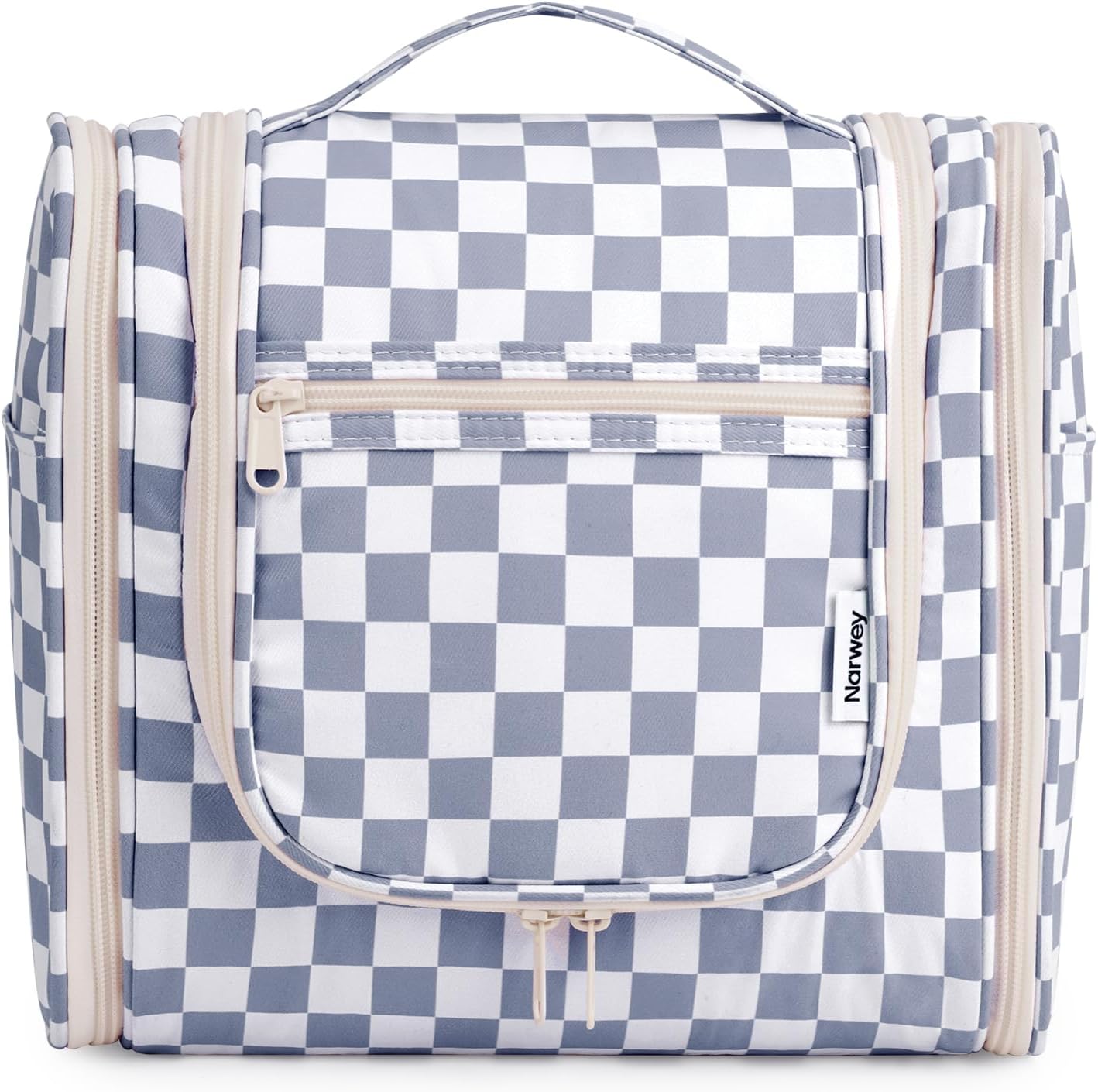 Narwey Checked Hanging Travel Toiletry Bag for Women, Travel Bag for Toiletries, Makeup Bag Organizer Cosmetic Bags Make Up Bags for Women (Grayish Blue Checkerboard)