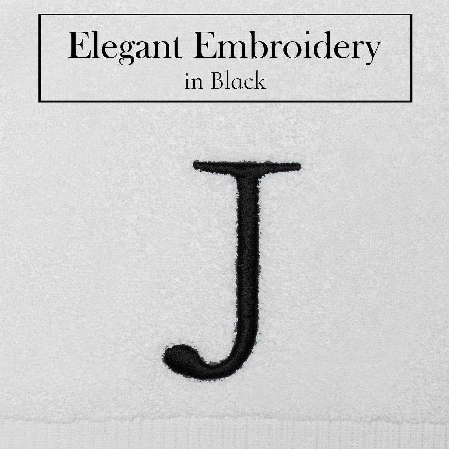Black Letter Hand Towel for Bathroom - Monogrammed Initial Hotel Quality Decorative Embroidered Towel for Powder Room, Spa - GOTS Organic Certified - Set of 2 Letter J