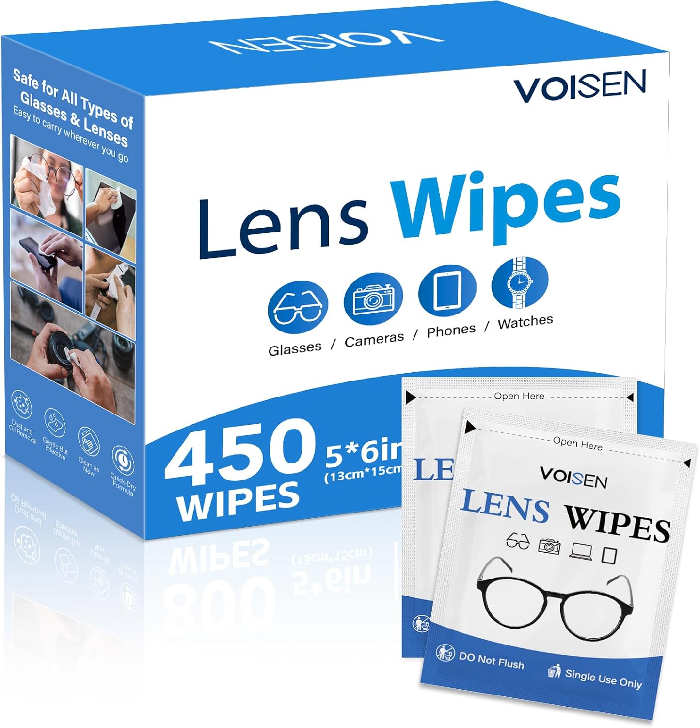 VOISEN Lens Wipes for Eyeglasses,450 Pack Eye Glasses Cleaner Wipes,Pre-Moistened Individually Wrapped Lens Wipes,Non-Scratching Non-Streaking,Safe for Eyeglasses, Goggles, Camera Lens, Phone