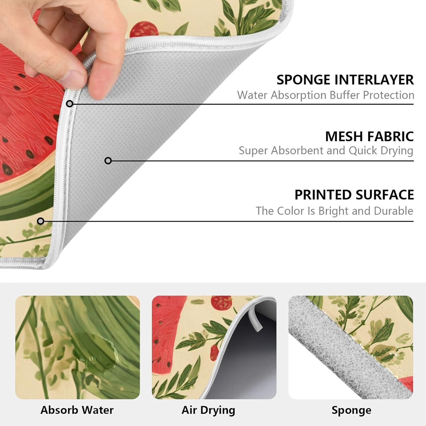 Watermelon Flower Dish Drying Mats for Kitchen Counter, 18x24 inch Drying Dishes Absorbent Microfiber Dish Drainer Mat Rack Pad Fast Dry