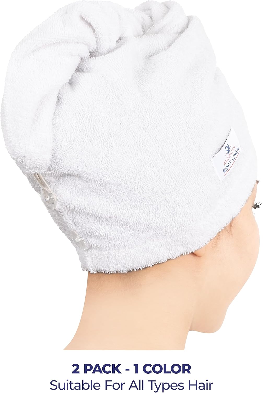 American Soft Linen 100% Cotton Hair Towels for Women, Head Towel Cap, Cotton Hair Turban Towel Wrap for Long Curly Anti Frizz Hair, Soft and Absorbent Cotton Hair Towels 2 Pack, White