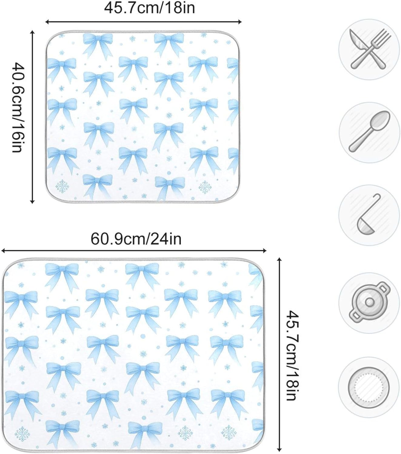 Blue Bow Ribbon Dish Drying Mat for Kitchen Countertop 18x24 Bowknot White Coquette Pattern Large Drying Mat Reusable Quick Dry Dish Sink Mats Easy Clean Decorative Essentials