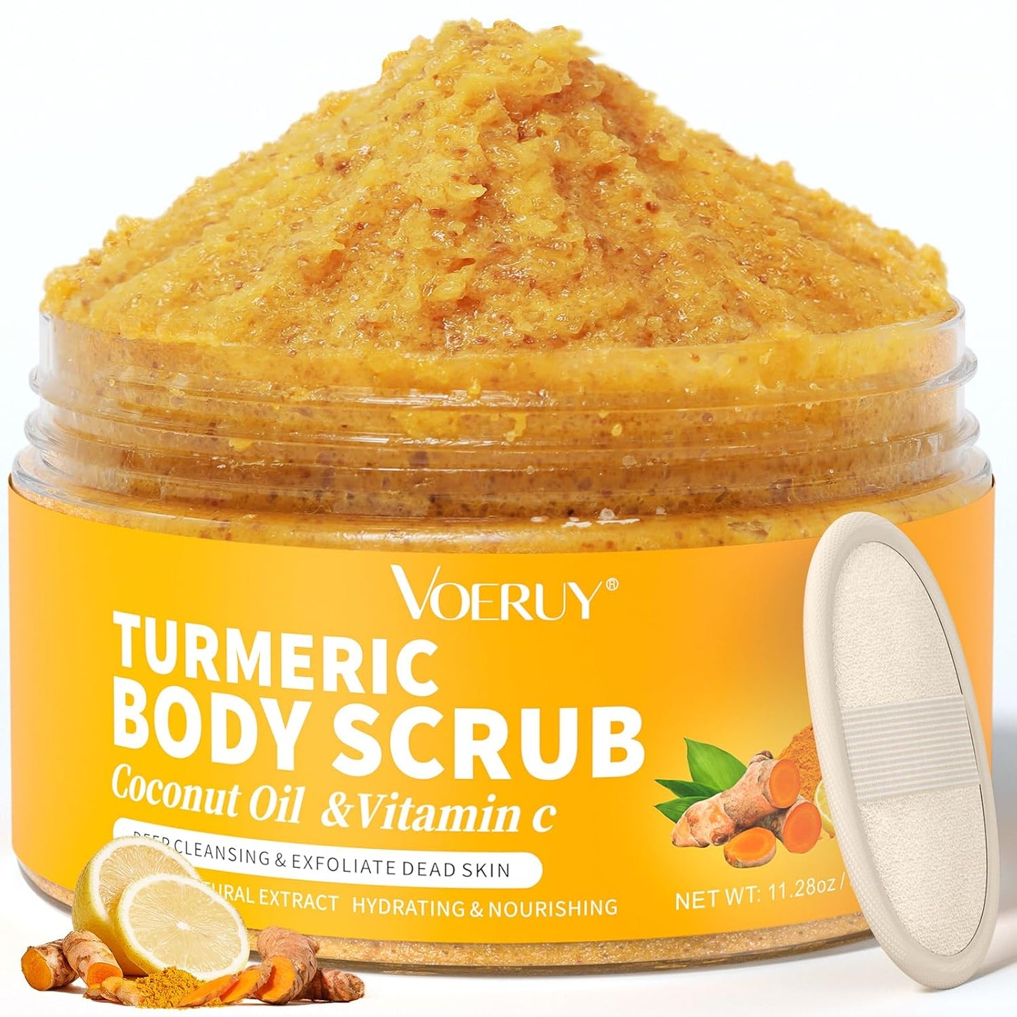 Body Scrub, Turmeric Exfoliating Body Scrub, with Coconut Oil & Vitamin C, Bikini Area Exfoliator Gently Exfoliate Body Hand and Foot Scrub, Moisturized Skin for Women and Men, 11.28oz/320g