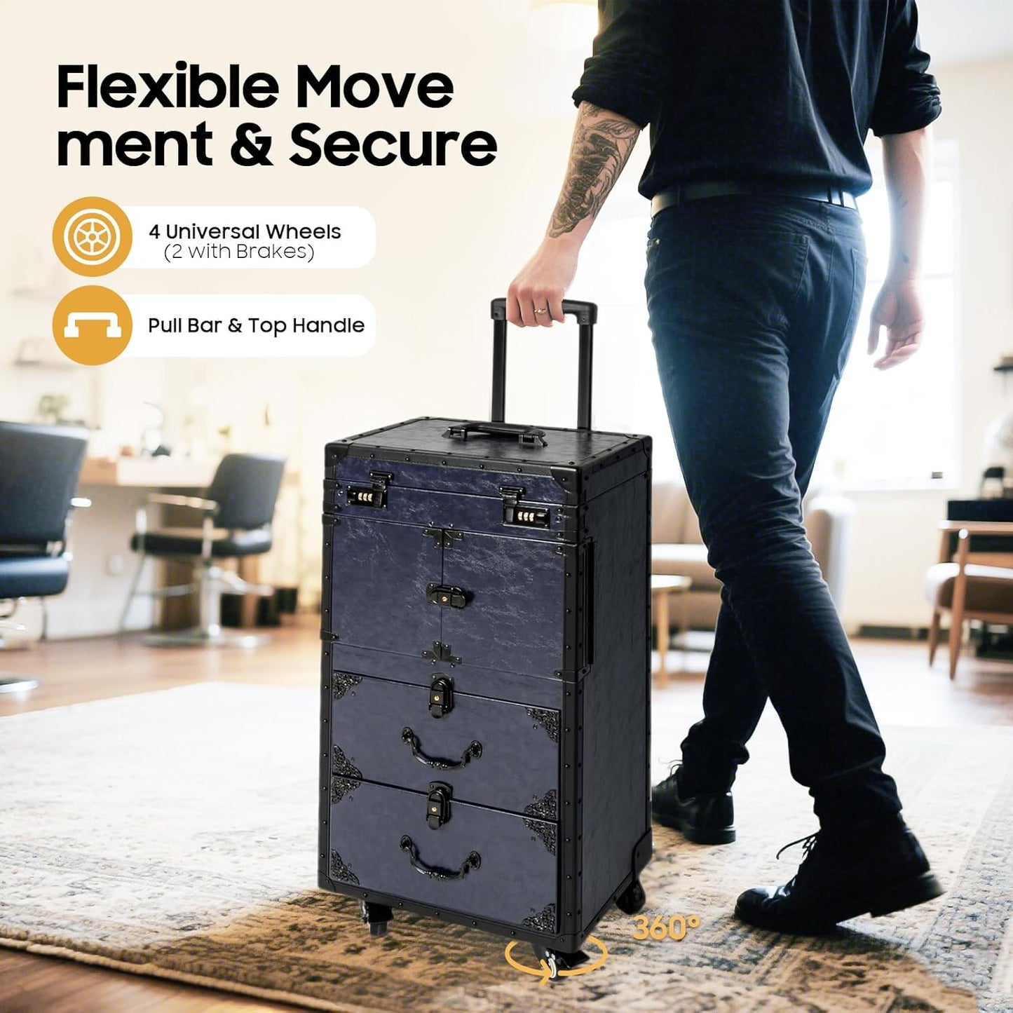 Hairdressing Tool Organiser,Large Capacity Hairdressing Case,Professional Salon Barber Case with Swivel Wheels for Nail Salon,Beauty Store(Blue)