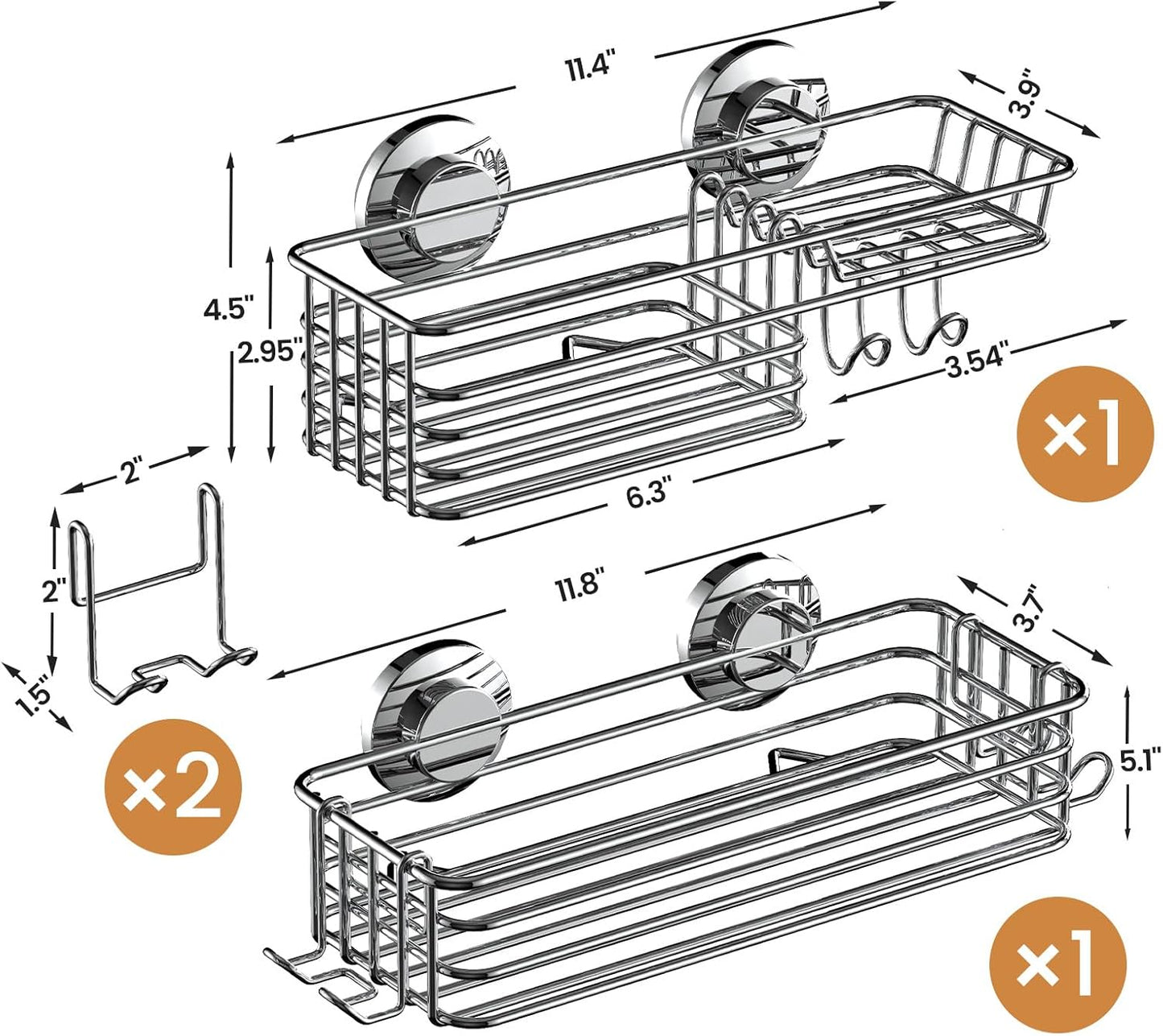 LEVERLOC Shower Caddy Suction Cup, 2 Pack Heavy Duty Bathroom Organizer for Inside Shower with Hooks & Soap Holder, Removable and Rustproof Silver Bathroom Holder Storage