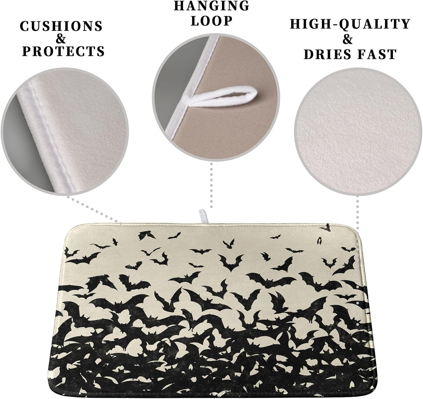 Halloween Bats Halloween Dish Drying Mat for Kitchen Counter 18x24 Inch Microfiber Absorbent Drying Mats Washable Dishes Drainer Mats Reusable Dish Rack Pad for Coffee Bar