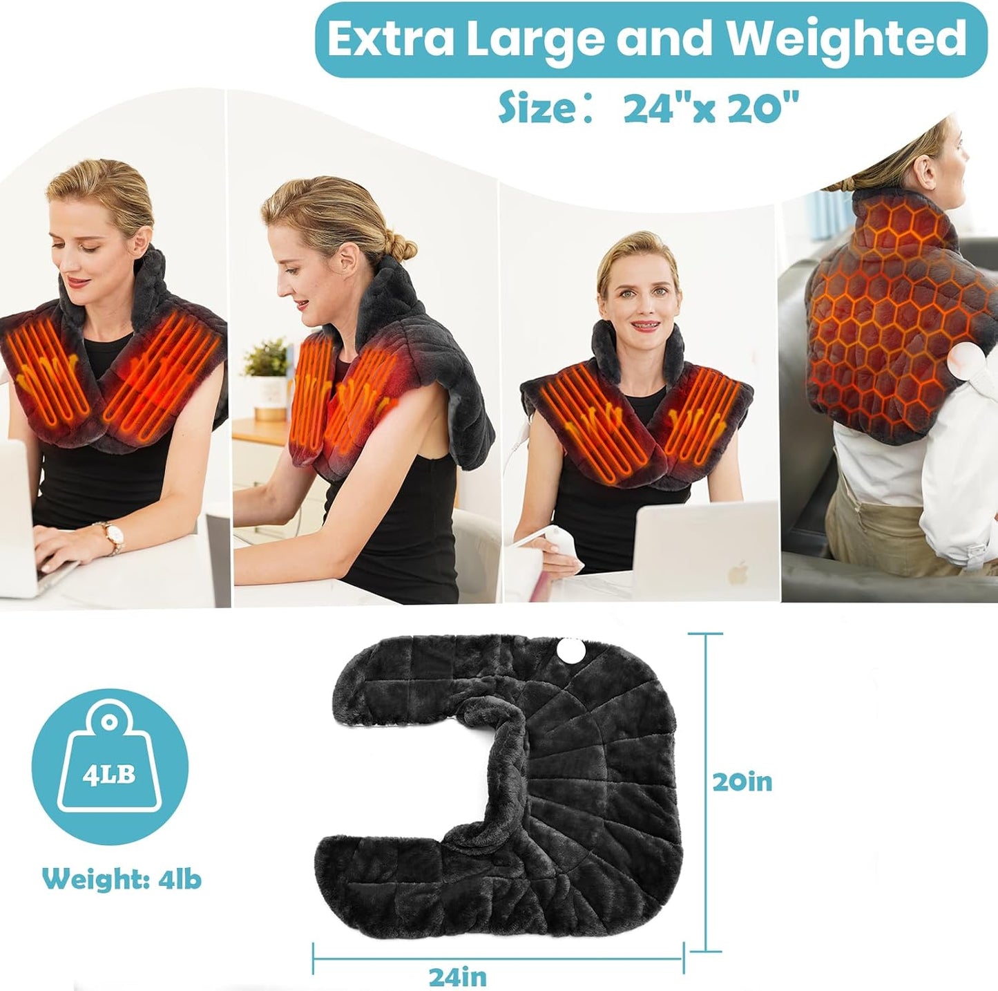 Nalax Heating Pad for Neck and Shoulders and Back, Luxurious Faux Rabbit Fur Fabric, 2.2lb Tourmaline Weighted Heating pad, 6 Heat Settings,2H Auto Off,Memory Function, Gift for Women 24"x 20"