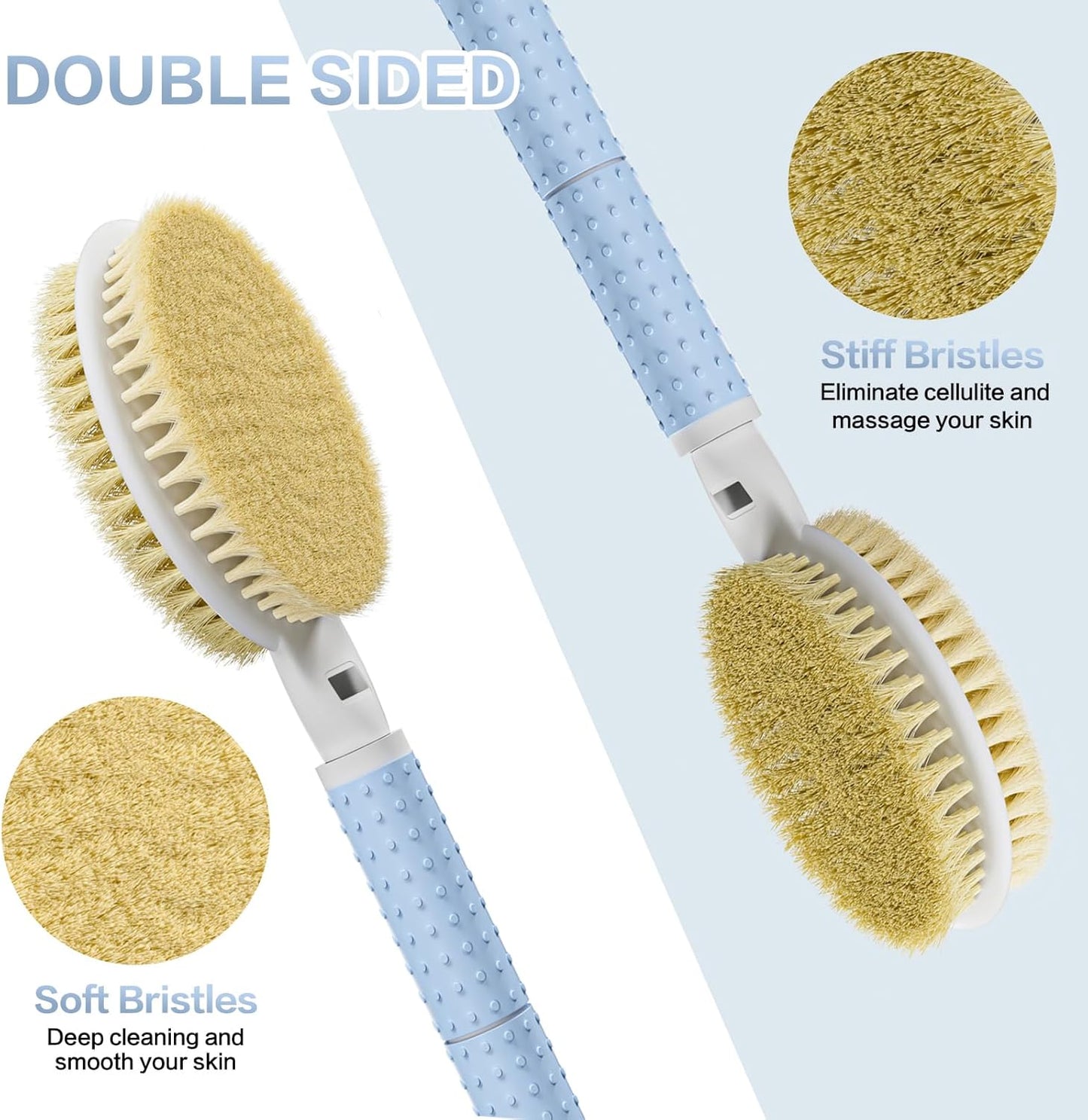 Shower Brush with Soft and Stiff Bristles,15"-23" Telescopic Long Adjustable Handle Dual-Sided Back Scrubber Bath Brush Body Exfoliator for Wet or Dry Brushing