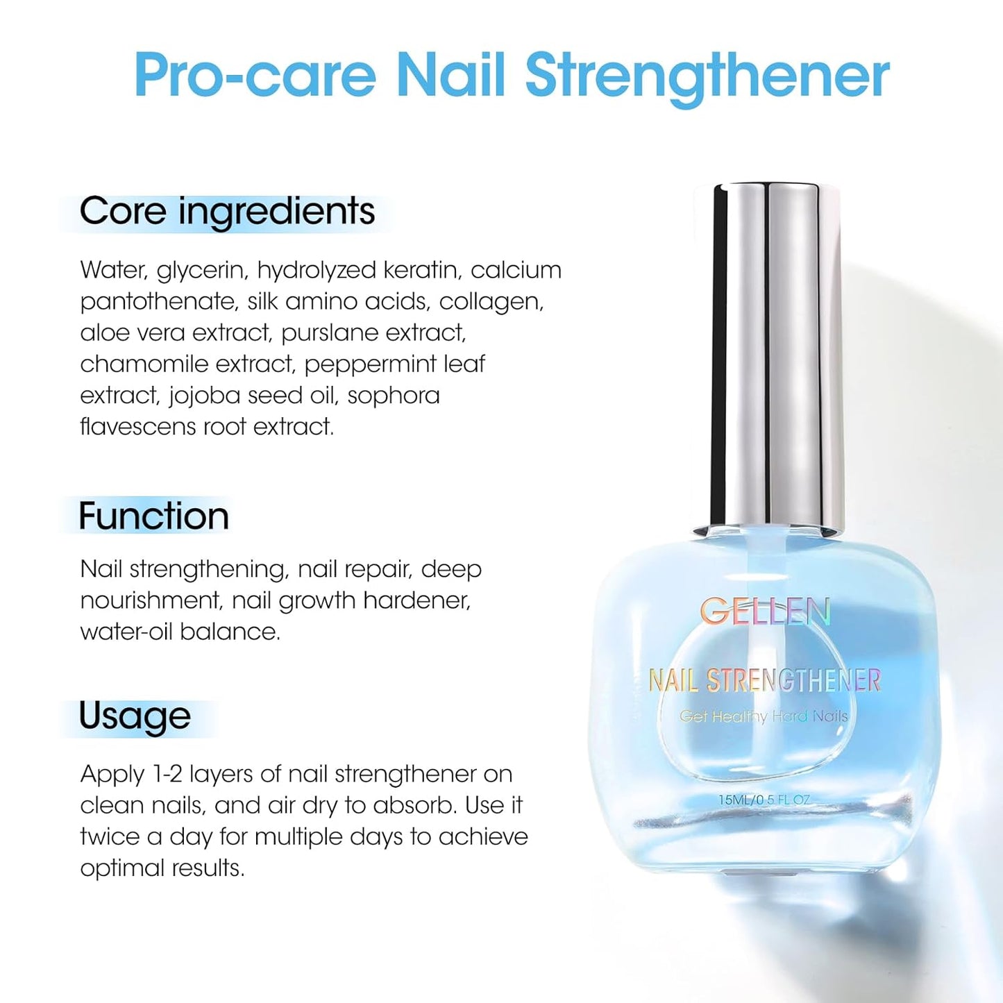 GELLEN Ocean Scent Nail Strengthener, 8-In-1 Pro Care Nail Repair Growth Serum for Thin Damaged Nails, Air Dry Clear Finish, Non-Polish, Keratin Calcium Nourishes Strengthens & Growth