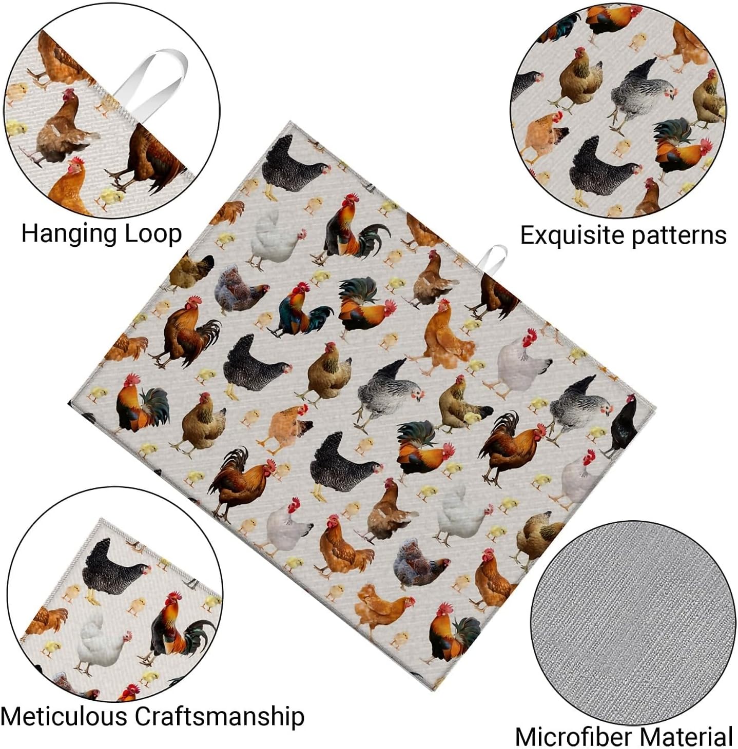 Dish Drying Mat For Kitchen Counter, Hens Roosters And Chickens Microfiber Absorbent Dish Drainer Rack Pad Reusable Large 18x24in Drying Mat
