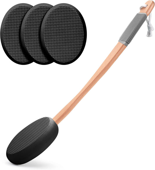 AmazerBath Lotion Applicator for Back, Feet, 4 Replacement Pads with 17" Curved Handle, Back Sunscreen Applicator for Kids, Elderly, Women, Apply Skin Cream Medicine Moisturizer Tanner, Black