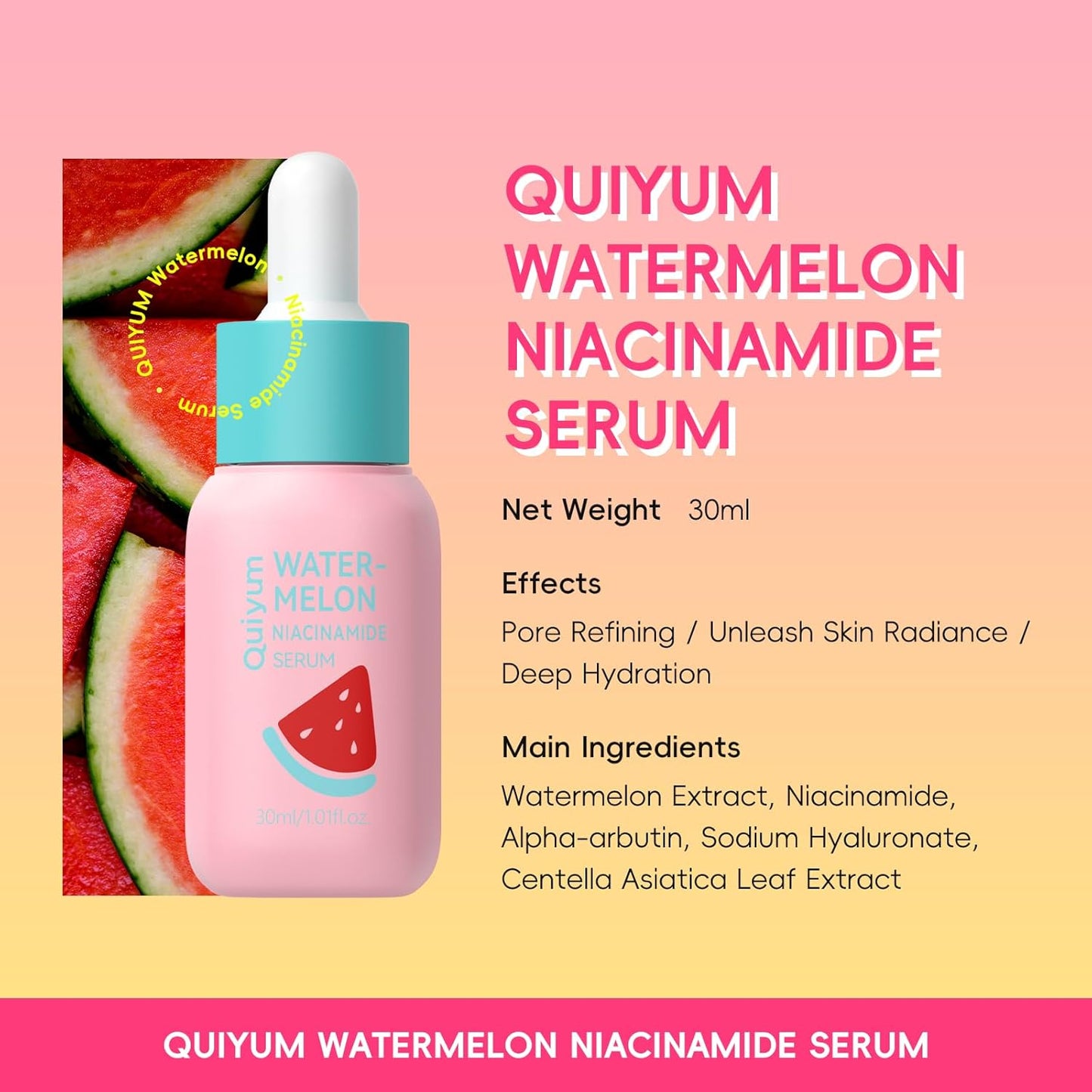 Niacinamide Serum for Face, Skin Care with Watermelon Extract & Hyaluronic Acid, Vitamin C, Hydrating, Glow, Anti-Aging, for Uneven Skin Tone, for Teens Girls Women Gifts, 1 Fl. Oz