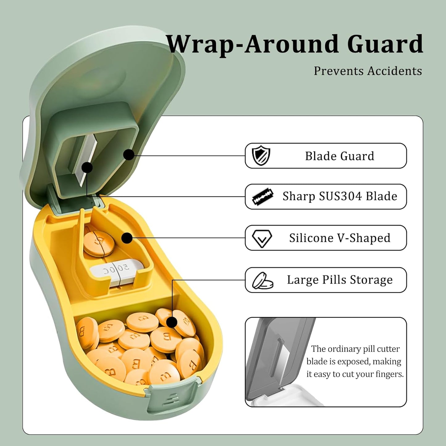 Pill Cutter Splitter for Small and Tiny Pills - Professional Pill Cutter for Small or Large Pills | Wrap-Around Blade Guard | Detachable Nonslip V-Shaped Pad | Easy Open | Back Storage, Cyan (Green)