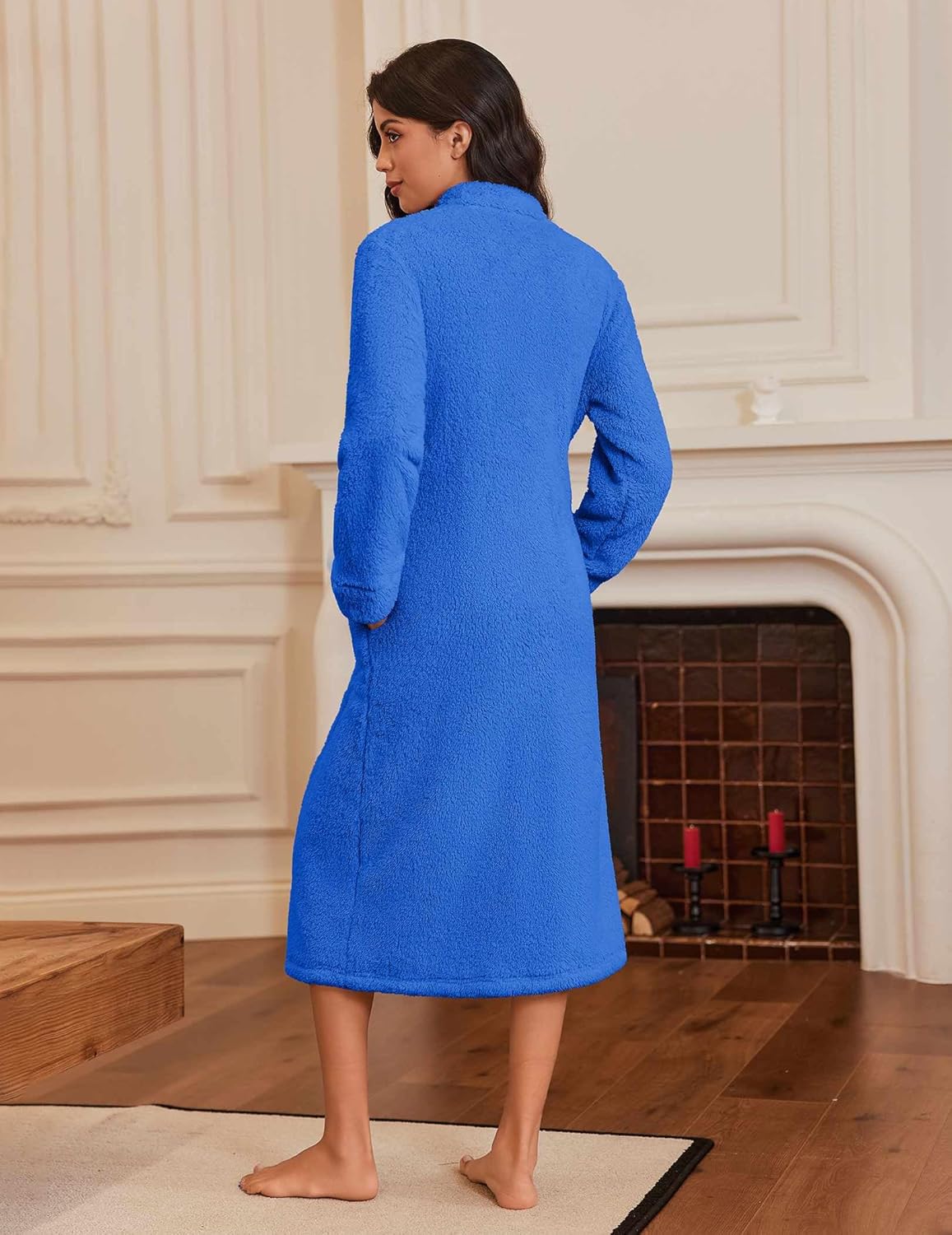 Ekouaer Women's Zip Up Robe Fleece Bathrobe Long Zipper Lounger Warm Housecoat Long Sleeve Nightgown with Pockets S-XXL