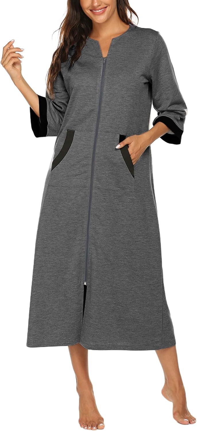 Ekouaer Women Zipper Robe 3/4 Sleeves Loungewear Dress Full Length Sleepwear Pockets Housecoat Nightgown Long Bathrobe