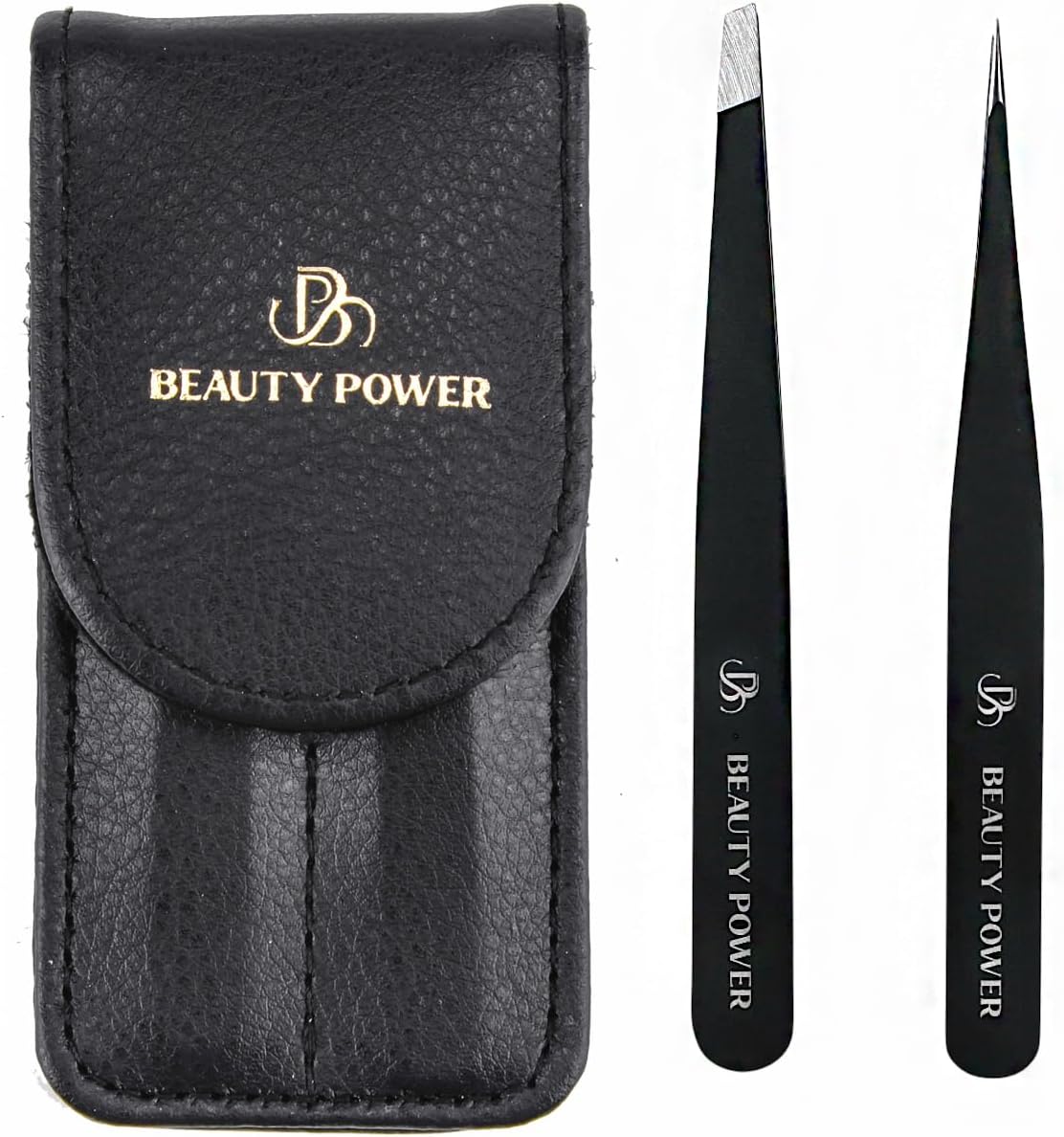Precision Tweezers for Women Facial Hair & Men - Professional Tweezers Set with Slant & Point Tips, German Stainless Steel, PU Leather Travel Case, Lightweight & Ultra Precision Black