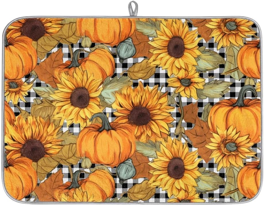 Hexteria Dish Drying Mat for Kitchen Counter Absorbent Microfiber Kitchen Drying Mat Summer Pumpkin and Sunflower Dish Drainer Rack Mat Heat Resistant 18 x 24