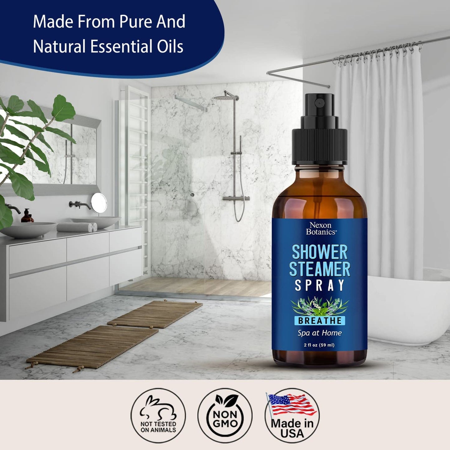 Breathe Shower Steamer Spray 2 fl oz - Aromatherapy Mist with Rosemary, Peppermint, Eucalyptus Essential Oil Blend - Refreshing Spa at Home Steam Spray - Nexon Botanics