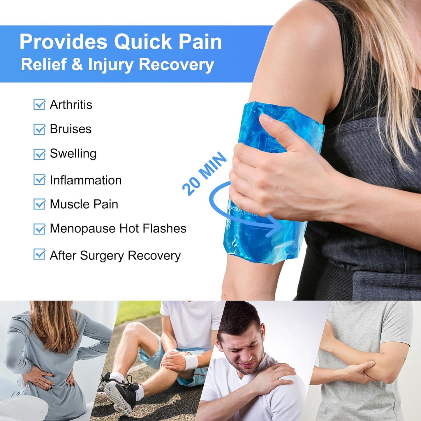 Large Ice Packs for Injuries Reusable Gel(8.3''×12.4''), Flexible Cold Pack for Pain Relief, Hot/Cold Compress Therapy Gel Freezer Pack for Shoulder, Back, Legs, Knee, Surgery, Swelling, Inflammation