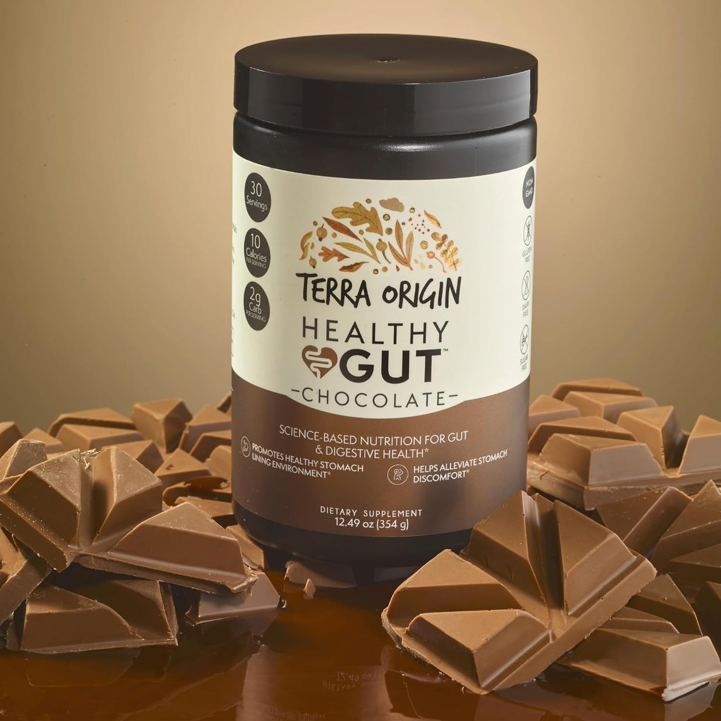 TERRA ORIGIN Healthy Gut Chocolate | 30-Servings with L-Glutamine, Zinc, Glucosamine, Slippery Elm Bark, Marshmallow Root and More!