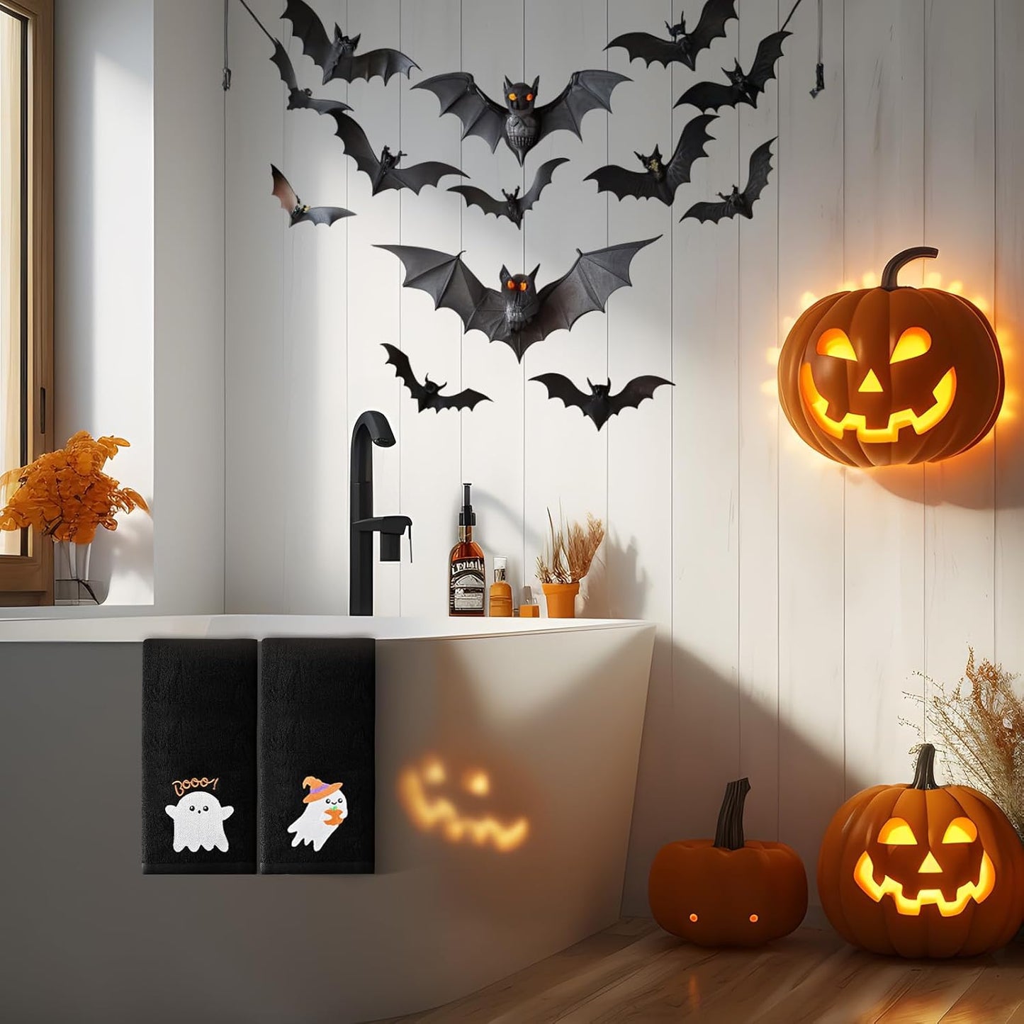 Halloween Cotton Hand Towels 2 Pack, Black Ghost Embroidered Autumn Towels Set, Decorative Bathroom Kitchen Holiday Accessories, 13.7 in × 29.5 in