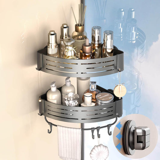Onemake Corner Shower Caddy with Suction Cups, 2-Pack Removable Aluminum Wall Mounted Organizer Shelves Storage Rack with Towel Bar Portable Hook for Bathroom, Grey