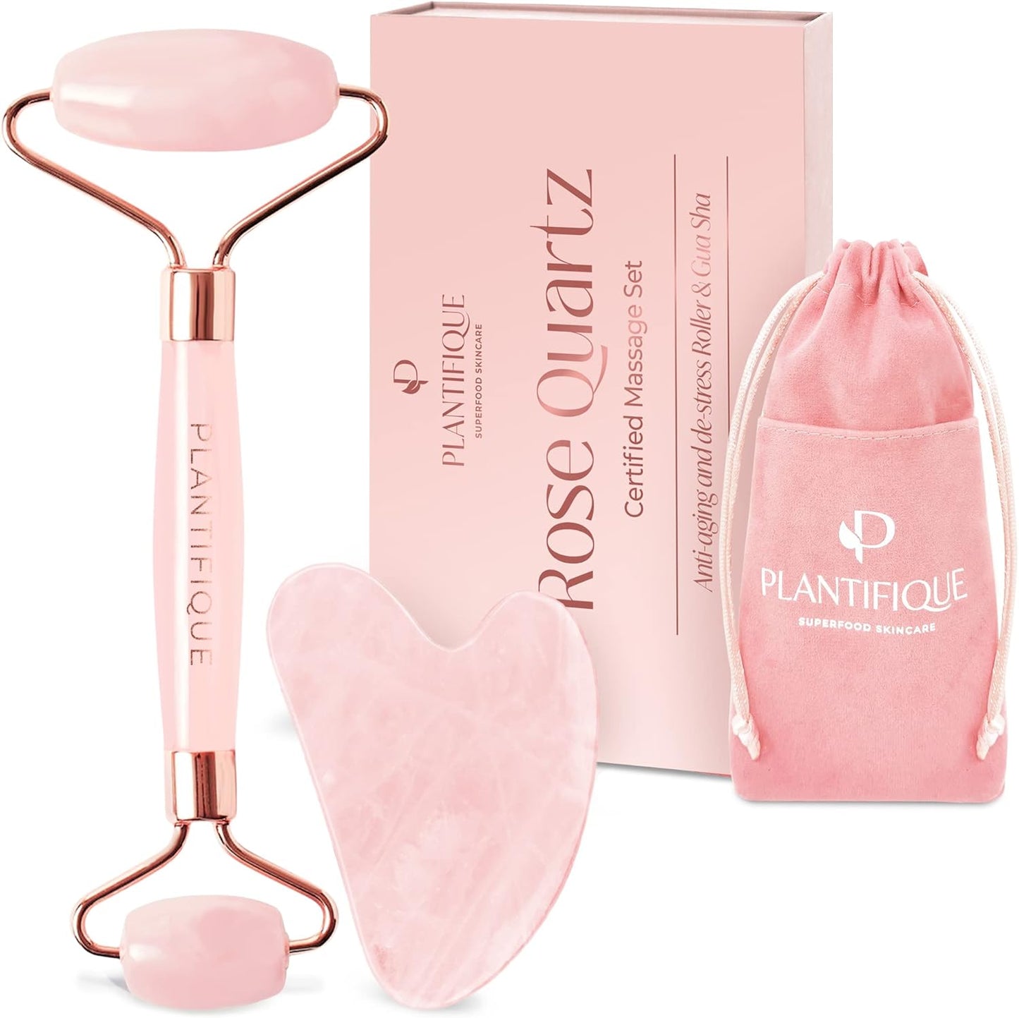 PLANTIFIQUE Face Roller and Gua Sha Rose Quartz Certified | Gifts | Guasha Tool for Face | Jawline Shaper | Your Skin Care Routine