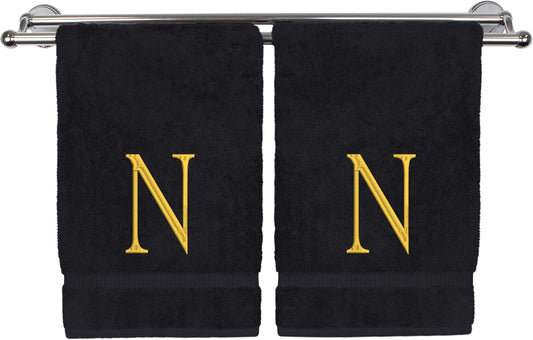Monogrammed Hand Towel, Personalized Initial Gift, Extra Absorbent 100% Turkish Cotton - Soft Terry Finish - Set of 2 - Gold Block Initial N - Embroidered on Black Towels