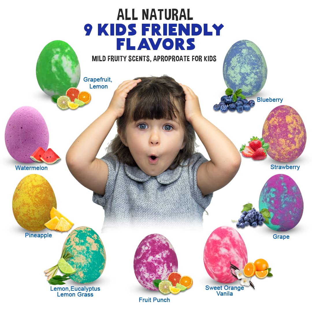Bath Bombs for Kids with Surprise Toys Inside Plus Dinosaur Puzzle - Set of 9 Organic Dino Egg Bath Bombs, Gentle and Kids Safe, Fizzy Balls with Rich Bubbles, Birthday Gifts for Boys, Girls
