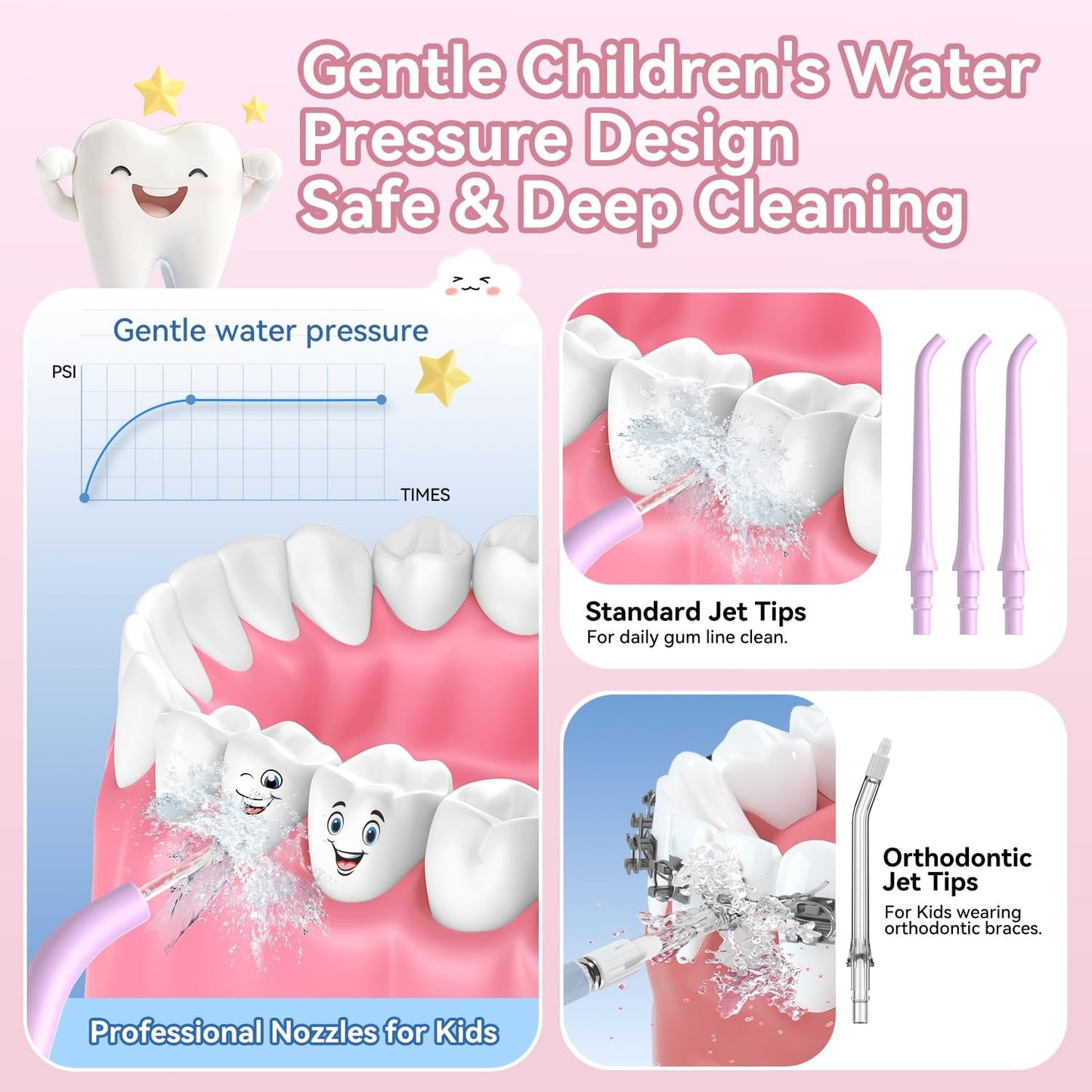 JTF Kids Water Dental Flosser: Rechargeable Portable Oral Irrigator with 4 Flossing Modes 230ml Tank 4 Tips Travel Bag Waterproof Stickers, Cordless Electric Flossers for Teeth Gum Braces Care, Age 6+