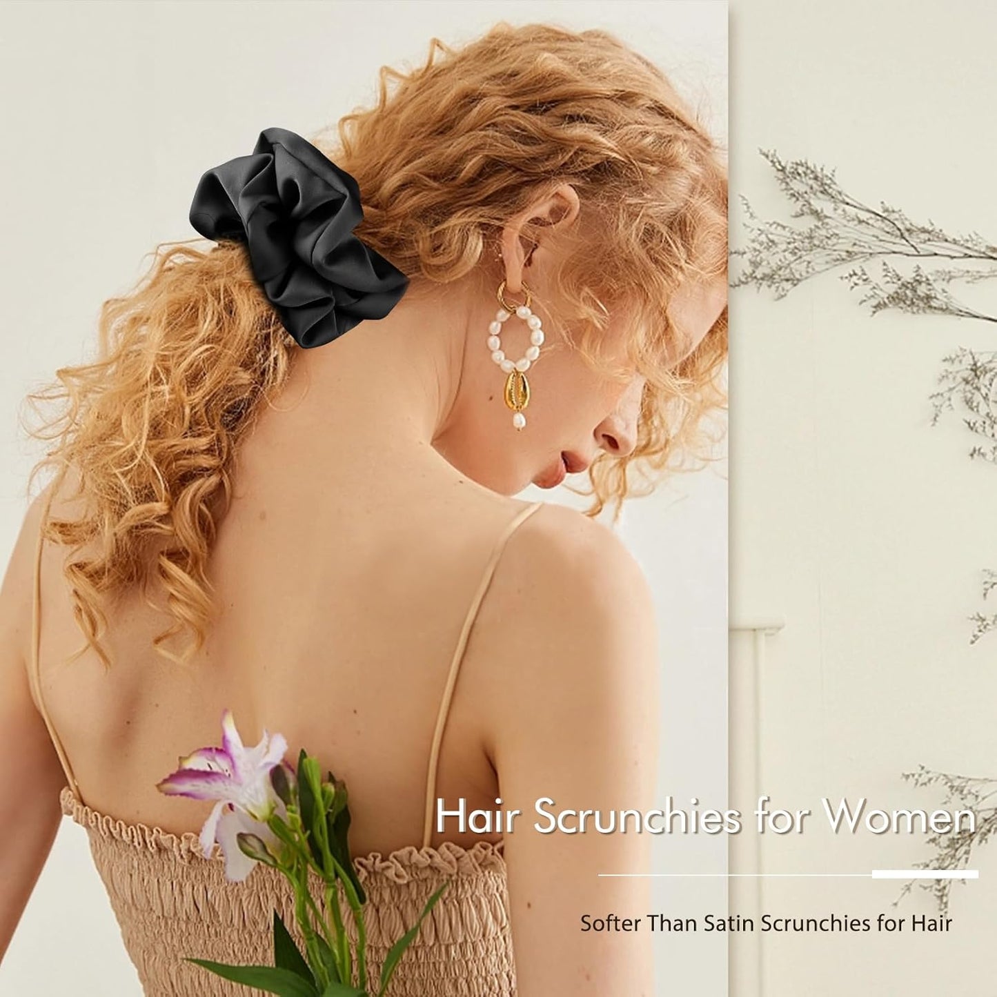 4PCS Large Satin Silk Scrunchies for Women - Big Glossy Scrunchie for Thick Hair Girl Hair Ties Ponytail Holders Jumbo Scrunchies (Black White Silver Champagne)