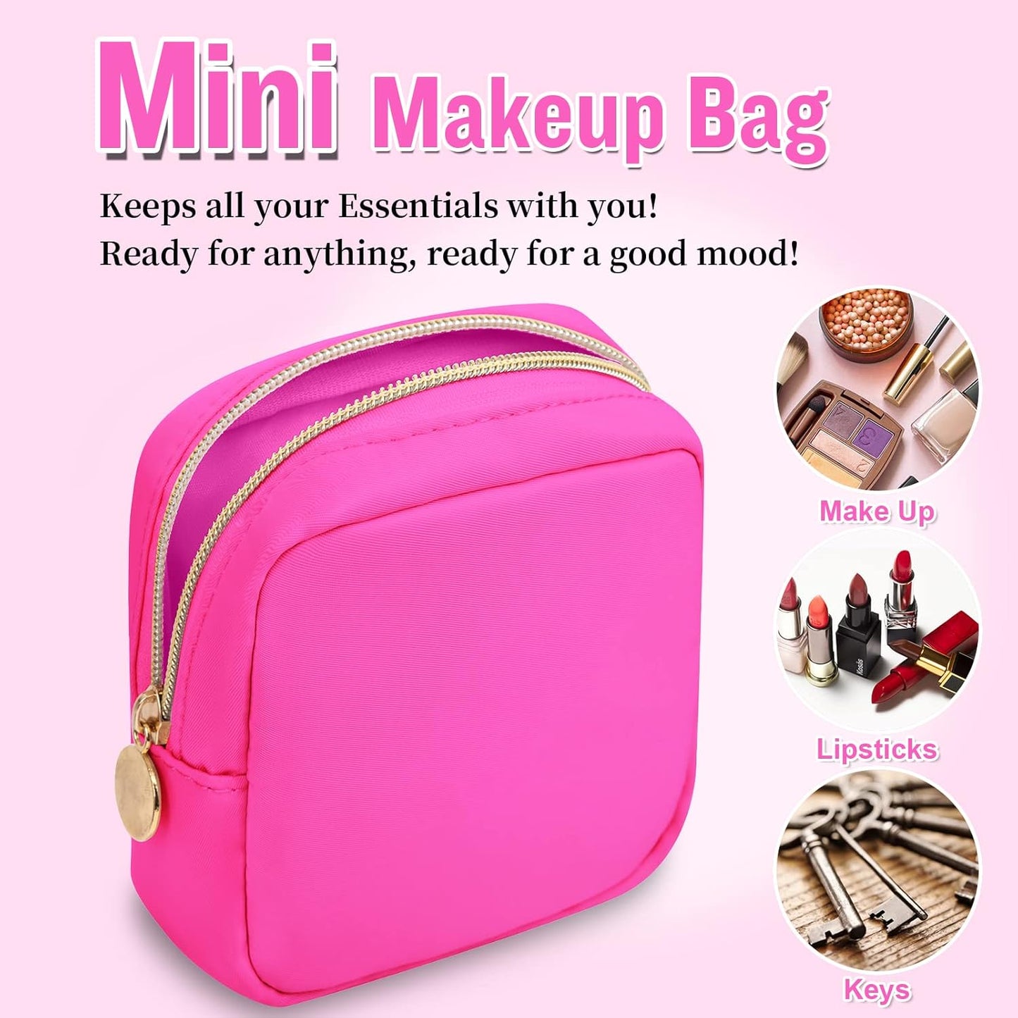 Nylon Mini Makeup Bag for Purse, Preppy Small Cute Makeup Bag Cosmetic Zipper Pouch Purse, Waterproof Travel Coin Pouch Sanitary Napkin Storage Bag Clutch Make Up Organizer for Women Girls(Hot Pink)