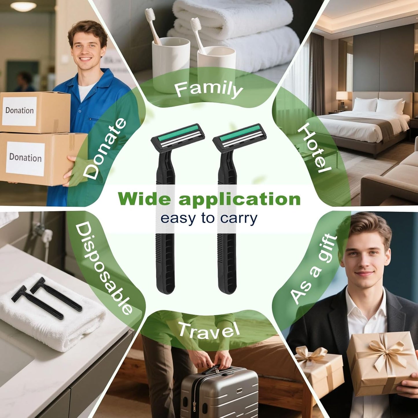 Disposable Twin Blade Razors in Bulk, Individually Wrapped - Clear Safety Cap, For Homeless, Hotel, Airbnb, Travel (pack of 50,black)