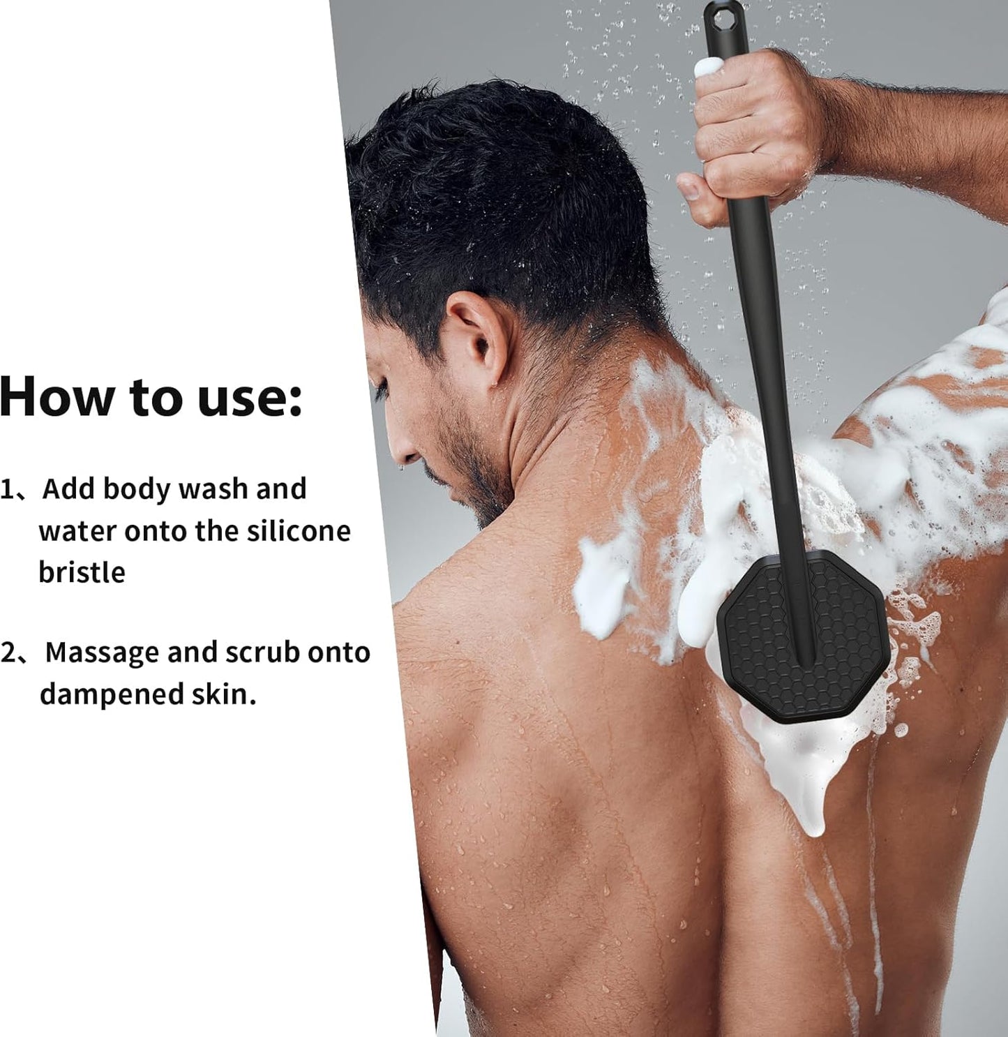 iTokGoK® Premium Silver-Infused Silicone Back Scrubber with Long Handle Back Brush for Shower,Back Brush Long Handle for Men and Women,Ergonomic No-Slip Handle, Long-Lasting (Black)