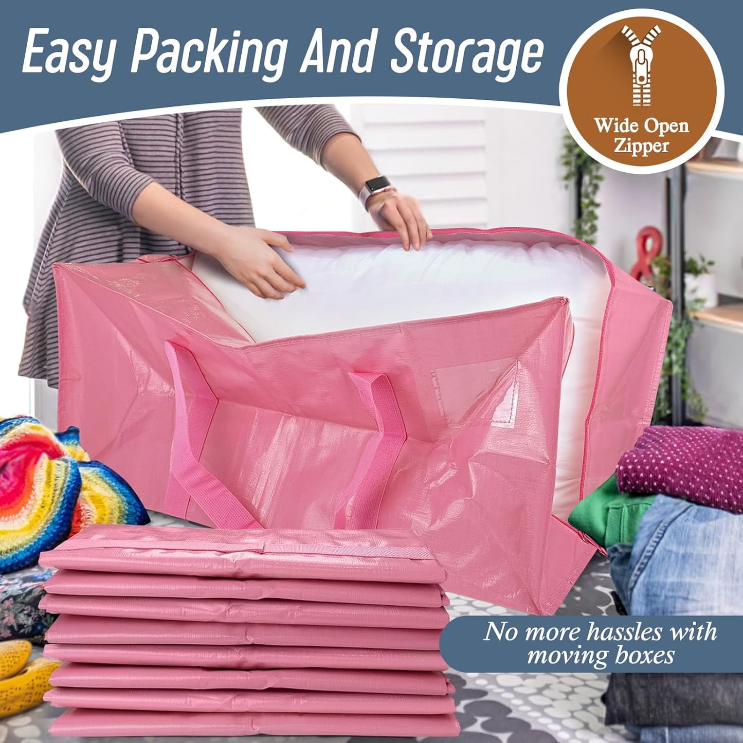 6 Pack Extra Heavy Duty Large Moving Bags with Strong Zipper & Comfortable Handles, Sturdy & Durable Clothes Storage Bags Totes Bins, Packing Moving Boxes for College Supplies, Pink