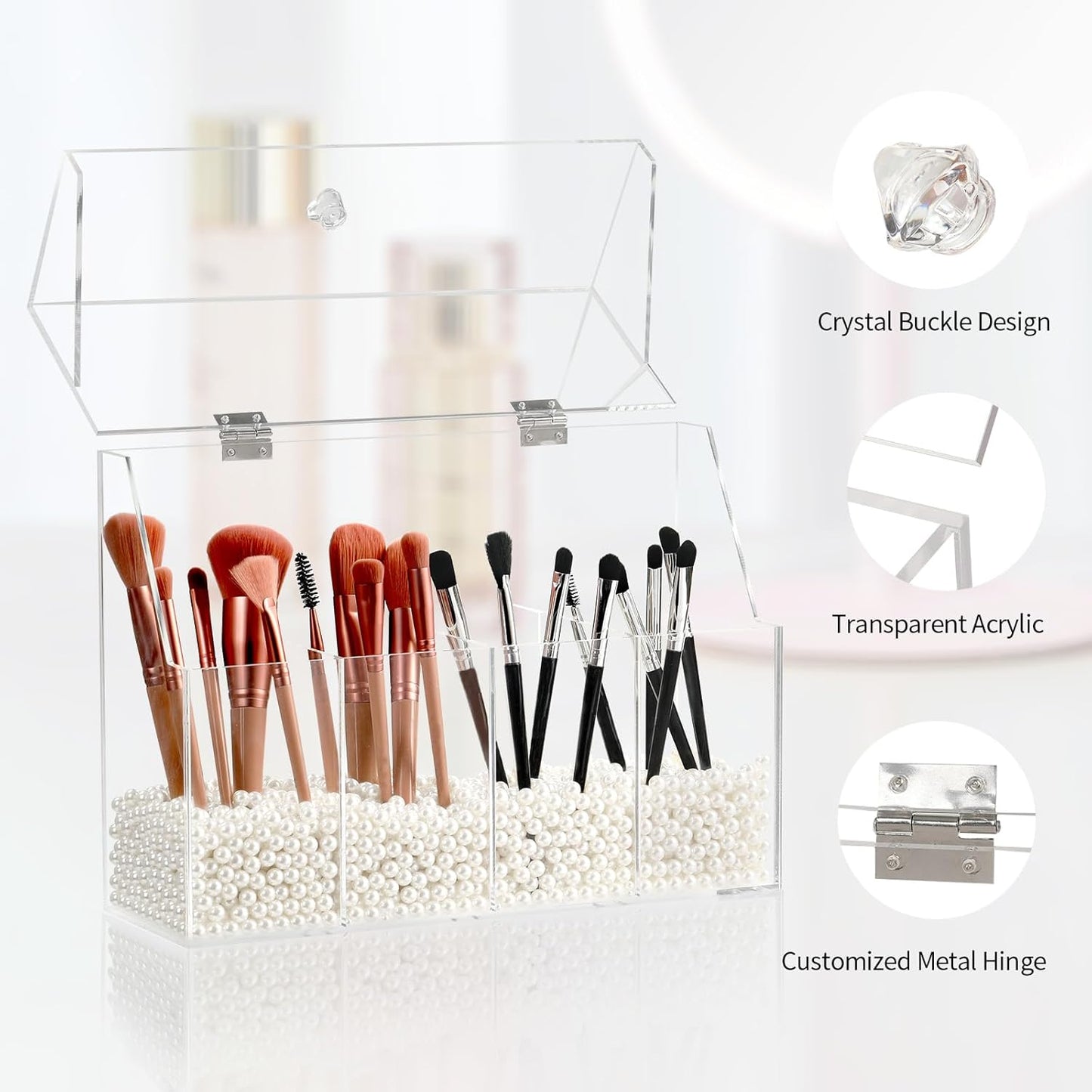 Acrylic Makeup Organizer, Clear Cosmetic Brush Storage Box With 4 Brush Holders,Makeup Brush Holder with Dust Cover, Large-capacity Split Design Can Quickly Organize the Desktop（No pearls）