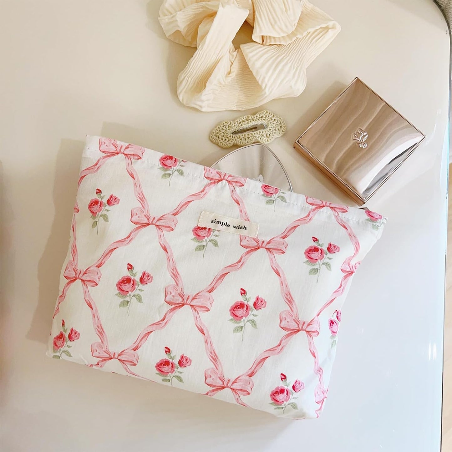 Wudygirl Makeup Bag Cosmetic Bag for Women Pink Pow Makeup Pouch Cute Make up Organizer Portable Handbag Toiletry Bag Large Capacity Zipper Pouch (Pink Pow)