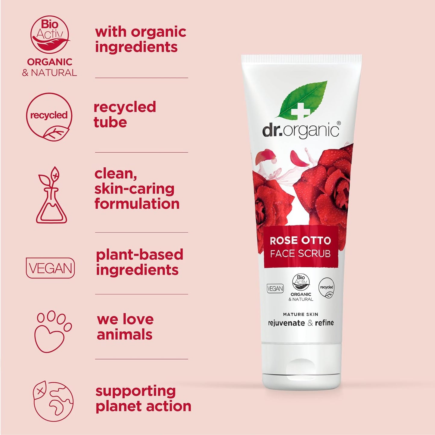 Dr. Organic Rose Otto Face Scrub | Deep Exfoliation, Aids in Healthy Aging, Promotes Radiant Glowy Skin, Vegan, Certified Organic, Natural, 125 mL / 4.2 fl oz