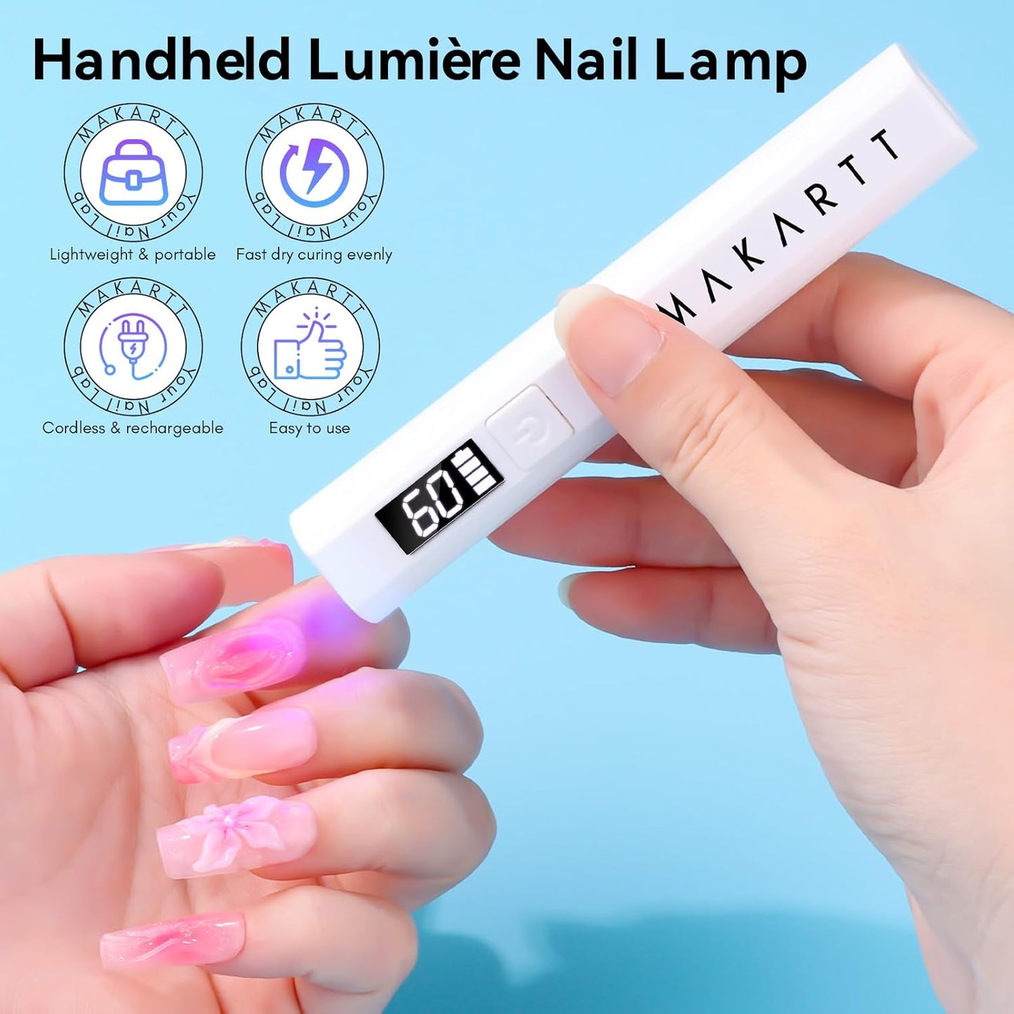 Makartt UV Light for Gel Nails: Handheld Mini Flash Cure Lamp Portable Lumière Nail Dryer for Curing Gel Polish Nail Glue Rechargeable USB Nail Light with LCD 2 Timer for Fast Drying Home Salon Use