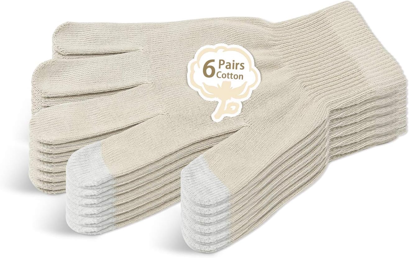 Evridwear Unisex Moisturizing Cotton Gloves with Touchscreen Fingertips for Eczema Beauty Cosmetic Dry Hands Sensitive Irritated Skin Therapy Overnight Bedtime, 6 Pairs, Lightweight-Beige, L/XL