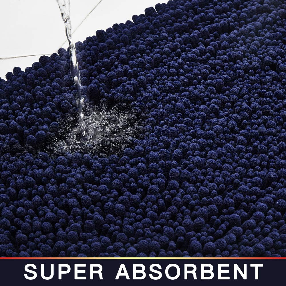 Walensee Bathroom Rug Non Slip Bath Mat (44x24 Inch Navy) Water Absorbent Super Soft Shaggy Chenille Machine Washable Dry Extra Thick Perfect Absorbant Best Large Plush Carpet for Shower Floor