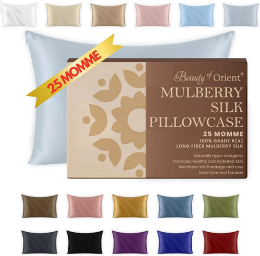25 Momme Premium Mulberry Silk Pillowcase for Hair and Skin | Handcrafted Hypoallergenic & Anti-Acne Silk Pillow Cases with Zipper Standard - 20" x 26", Silver Lining