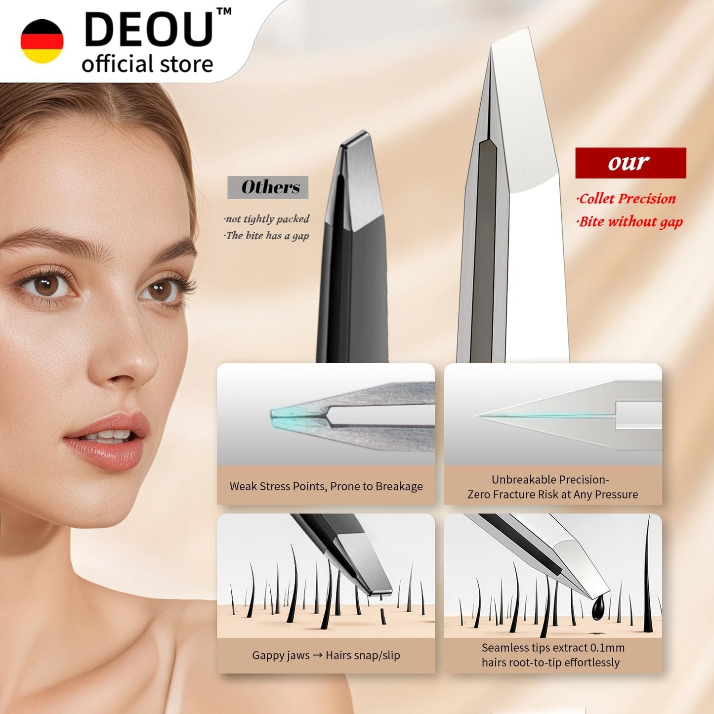 DEOU Professional Eyebrow Plucker & Tweezers - Stainless Steel Tool for Brow Shaping, Hair Removal & Precise Grooming, 9-Hole Non-Slip Grip, Unisex, Gift Box Included