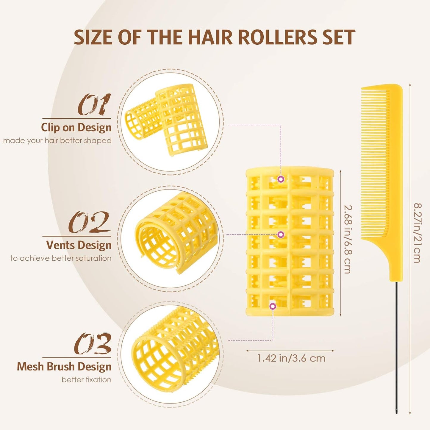Syhood 12 Pcs Plastic Hair Rollers for Women Large Size Curlers Set Snap Roller Clips with Rat Tail Comb for Long Medium Short Hair Bangs, Salon Hairdressing Styling Tool (2.6 x 1.4 Inch,Yellow)