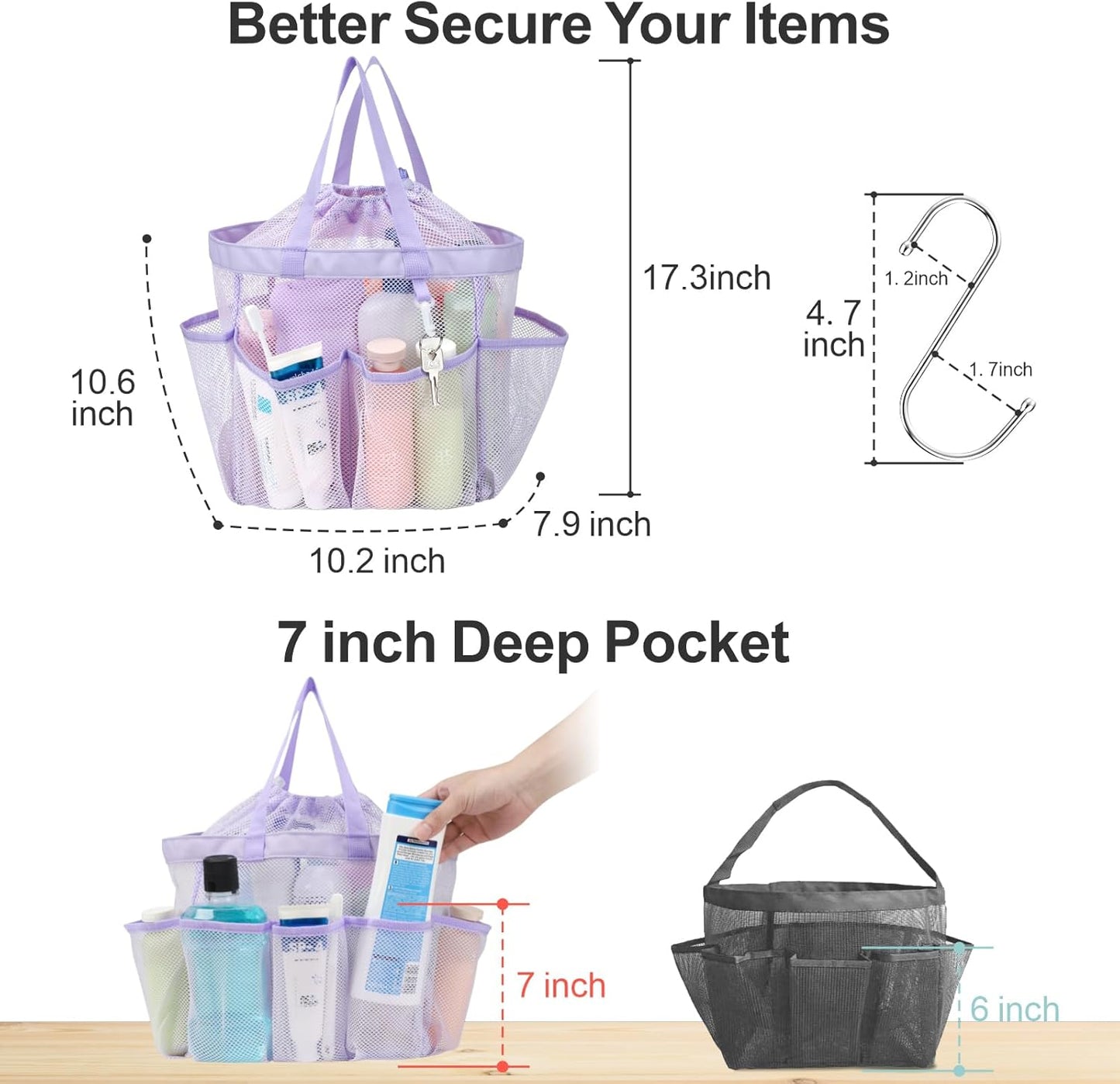 F-color Mesh Shower Caddy Portable with Drawstring - Upgrade Deeper 7 Pockets Dorm Room Essentials for Guys Girls with S Hook, Shower Bag Basket Tote for College Camping Bathroom, 2 Pack Purple & Pink