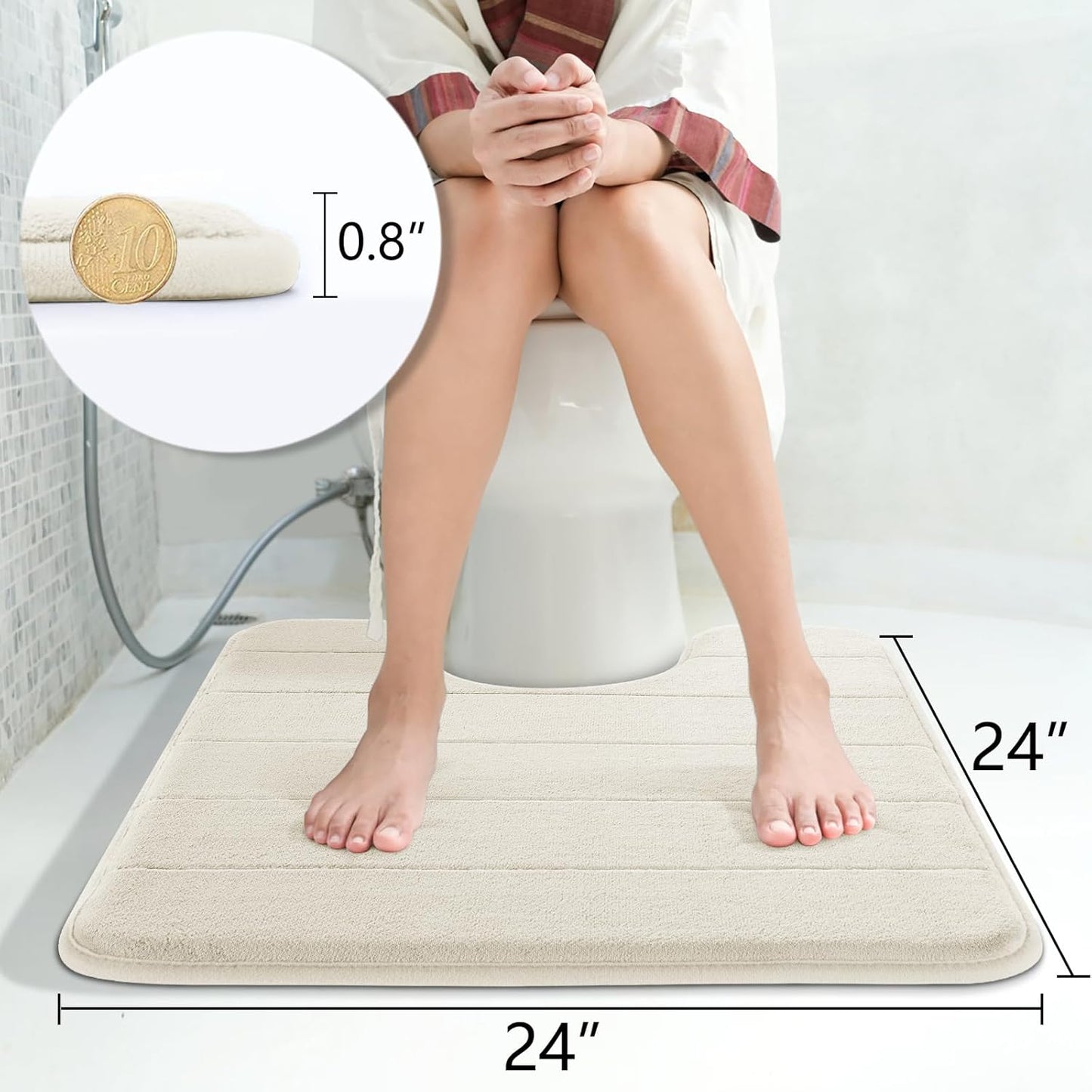 Yimobra Memory Foam Toilet Bath Mat U-Shaped, Soft and Comfortable, Super Water Absorption, Non-Slip, Thick, Machine Wash and Easier to Dry for Bathroom Commode Contour Rug, 24 X 24 Inches, Cream